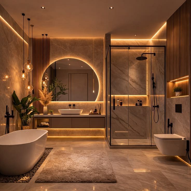 A contemporary bathroom scheme in stone, timber and warm lighting