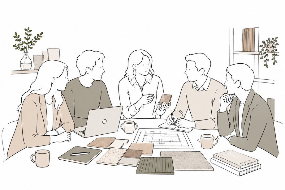 Illustration of a designer presenting material samples to clients around a table