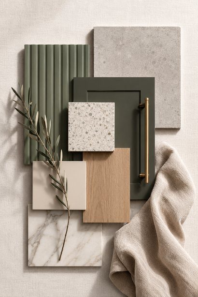 A flat lay of tile, stone, timber and paint samples with a linen swatch