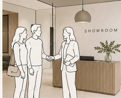 Illustration of a member greeting their clients at the showroom entrance