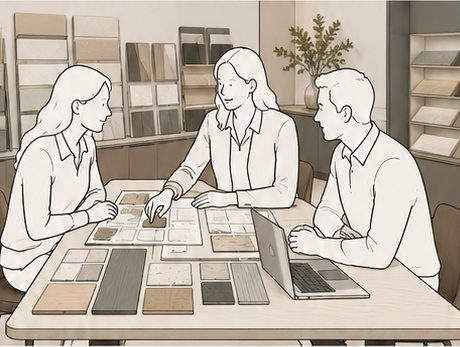 Illustration of a member and clients comparing samples at the design table